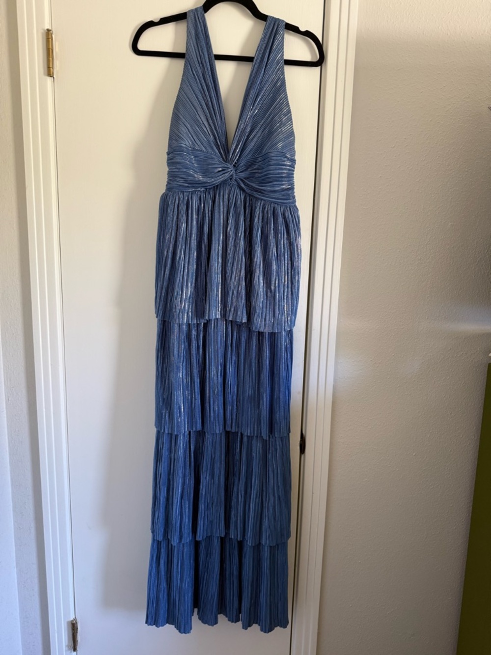 Blue Tiered V-Neck metallic Maxi Dress